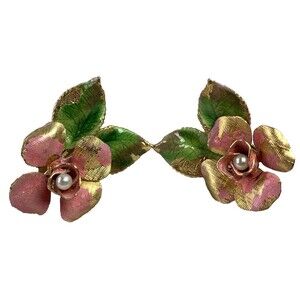 Vintage Hobé Enamel Flower Earrings Screw Back 1950s Pastel Floral Romantic